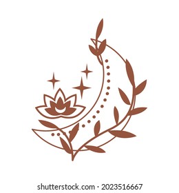 Magic boho crescent moon with lotus flower, leaf, star isolated on white background. Celestial vector flat illustration. Mystical design for tattoo, card, web stories