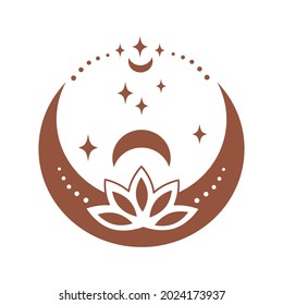 Magic boho crescent moon with lotus, circle, star isolated on white background. Celestial vector flat illustration. Mystical design for tattoo, card, web stories