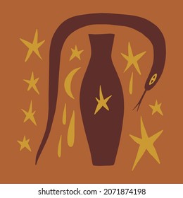 Magic boho doodle snake animal and terracotta vase vector illustration