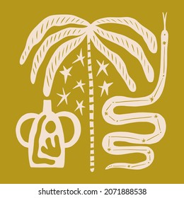 Magic boho doodle snake animal and palm tree jungle vase vector illustration