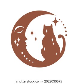 Magic boho face crescent moon with cat, star isolated on white background. Celestial vector flat illustration. Mystical design for tattoo, card, web stories