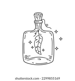 magic or boho feathers tied and hung in old bottle line vector illustration concept design template 