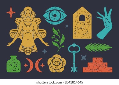 Magic boho goddess of moon with mystical crescent. All seeing ancient eye with magic key. Bottle with potion and twigs and leaves magical plants. Vector flat textured symbols set