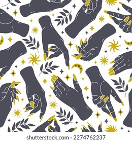 Magic boho hands seamless pattern. Female hand with long nails, mystical palms with doodle moon and stars, trendy tattoo style esoteric flat vector background illustration
