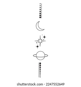 Magic boho line tattoo with stars, moon, planet, dot. Mystic hand drawn geometric illustration. Bohemian design. Esoteric logo icon with stars
