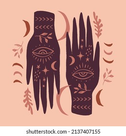 Magic boho moon hand vector illustration. Terracotta style. Reiki mystical sacred woman healing energy concept. 