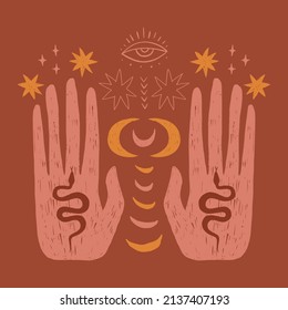 Ilustración vectorial de la mano mágica boho luna. Estilo terracota. El concepto de energía de curación de mujeres sagradas mística de Reiki. 