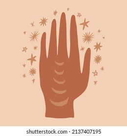 Magic boho moon hand vector illustration. Terracotta style. Reiki mystical sacred woman healing energy concept. 