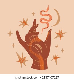 Magic boho moon hand vector illustration. Terracotta style. Reiki mystical sacred woman healing energy concept. 