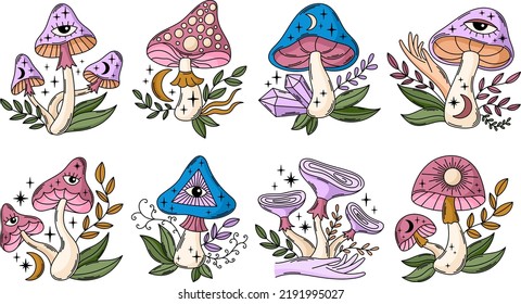 Magic boho mushrooms vector illustrations set. Mystical witchy celestial mushrooms clipart