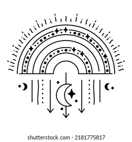Magic boho rainbow and moon symbol. Gypsy sacred element and sign in modern boho style. Golden minimal line art.
