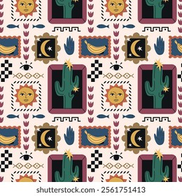 Magic boho seamless pattern. Repeating patchwork ornament with sun, mysterious symbol and moon. Design element for printing on fabric or textile. Stylish repeat background. Flat vector illustration