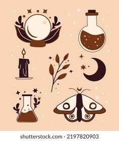 Magisches Boho-Set. Sammlung von grafischen Elementen für die Website. Zauberei, Fantasie, Esoterie. Schmetterling, Kerze, Kolben, Mond und Ball. Cartoon-FlachVektorgrafiken einzeln auf beigem Hintergrund