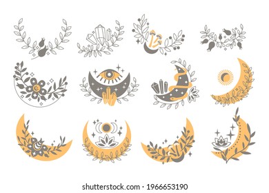 Magic boho set of crescent moon with leaves, stars, flower, gemstone, snake, eye, mushroom, berry. Vector flat illustration. Decorative boho elements for tattoo, greeting cards, invitations, wedding