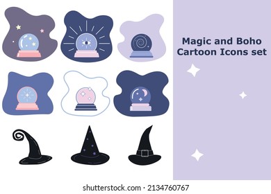 Magic and boho style colorful icons set. Magic balls, witch hats cartoon stickers pack
