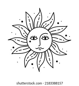 Magisches Boho-Sonnensymbol. Zigeuner heiliger Bestandteil und Zeichen im modernen Boho Stil. Goldene minimale Linienkunst.