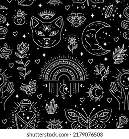 Magic Boho Symbols Seamless Pattern. Backdrop Of Gypsy Sacred Elements And Sign In Modern Boho Style. Minimal Line Art. Cat, Moon, Butterfly, Bottle