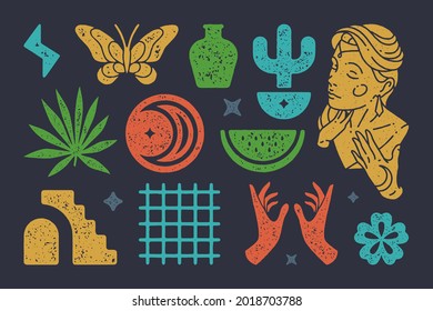 Magic boho textured colorful icon set. Antique woman statue, crescent moon, witchcraft symbols. Architectural element with stairs, palm tree leaf and butterfly. Esoteric signs vector collection