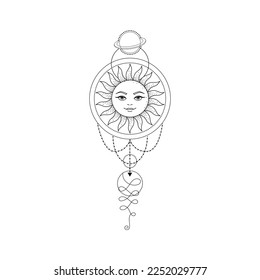 Magische Boho Vektorgrafik auf weißem Hintergrund. Geheimnisvolle Design-Elemente. Tattoo und Logovorlagen.
