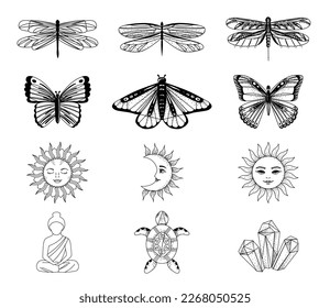 Magic Boho vector illustration on white background. Mystery design elements. Tattoo and logo templates.