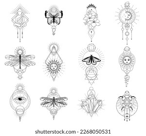 Magic Boho vector illustration on white background. Mystery design elements. Tattoo and logo templates.