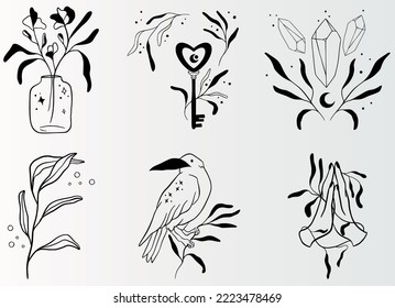 Colección Magic Boho Witch con aves, manos, flores, llaves y símbolos cristales vectores.