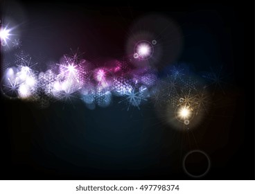 Magic bokeh light Christmas graphic design. Dark glowing effect New Year snowflakes vector background