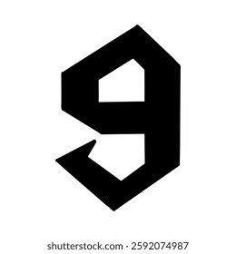 Magic Bold digit number nine 9. Black font symbol in hand drawn doodle style. Vector illustration isolated on white background. For menu, presentation, branding, font, education, math.