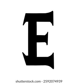 Magic Bold letter e of latin english language. Black font symbol in hand drawn doodle style. Vector illustration isolated on white background. For presentation, logo, branding, font, education.