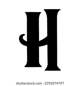 Magic Bold letter h of latin english language. Black font symbol in hand drawn doodle style. Vector illustration isolated on white background. For presentation, logo, branding, font, education.