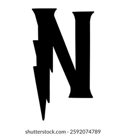 Magic Bold letter n of latin english language. Black font symbol in hand drawn doodle style. Vector illustration isolated on white background. For presentation, logo, branding, font, education.