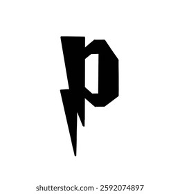 Magic Bold letter P of latin english language. Black font symbol in hand drawn doodle style. Vector illustration isolated on white background. For presentation, logo, branding, font, education.