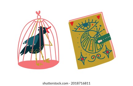 Magic Book and Bird in Cage as Witchcraft Object for Spells and Performing Magical Rituals Vector Set