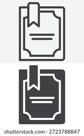 Libro mágico con el icono del marcador fijado en línea y estilo sólido. Esquema y signo de Vector con trazo editable, icono de símbolo de libro de hechizos para el mago y diseño de fantasía.