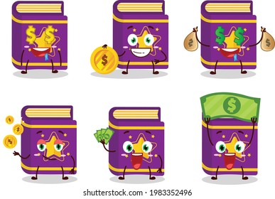 Magic book cartoon character with cute emoticon bring money