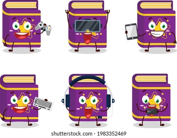 Magic book cartoon character are playing games with various cute emoticons