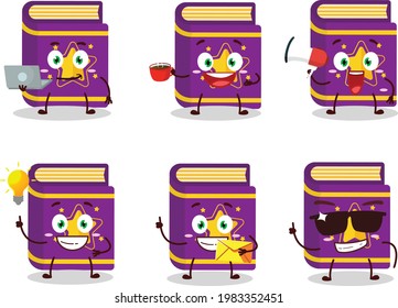 Magic book cartoon character with various types of business emoticons
