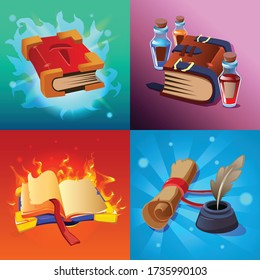 Magic book cartoon concept icons set with scrolls and potions isolated  vector illustration