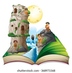 Magic book of cave people by the waterfall illustration