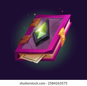Magic book cover with gem or crystal and lock. Vector isolated mysterious publications with torn pages, witchcraft and occultism. Game asset or witch grimoire with spells and alchemic recipes