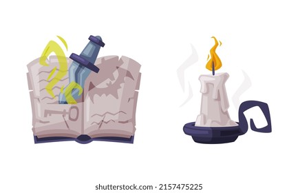 Magic book with dagger and candle in candlestick. Witchcraft attributes, halloween objects cartoon vector illustration