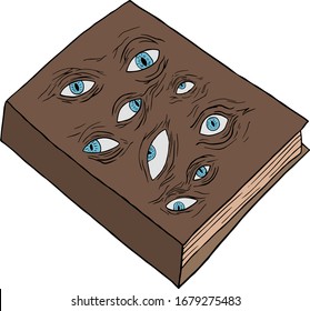 Magic book with eyes on the cover. Occultism, mysticism, cartoon. Color vector illustration.