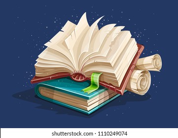 Magic Book From Fairy Tale With Spreading Pages. Book Spreadsheet And Vintage Paper Manuscripts With Torn Page. EPS10 Vector Illustration.