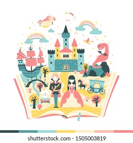 The magic book is a fairy tale. The story of the princess and the prince. The magic kingdom. Vector illustration in simple hand-drawn Scandinavian style.