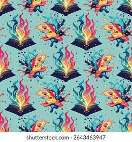 Magic Book and Fire Spell Seamless Fantasy Pattern. Open Books with Colorful Flames Seamless Background