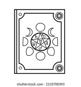 Magic book with forged corners and moon phases on the cover outlined for coloring page on white background