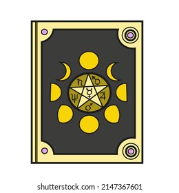 Magic book with forged corners and moon phases on the cover color variation for coloring page on white background 