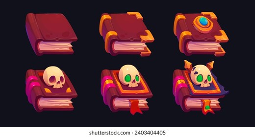 Magic book game level rank ui assets. Cartoon set of evolution stages of ancient fantasy paper book with hard cover decorated with gem and skull for gui design. Growing steps of fairy library element.