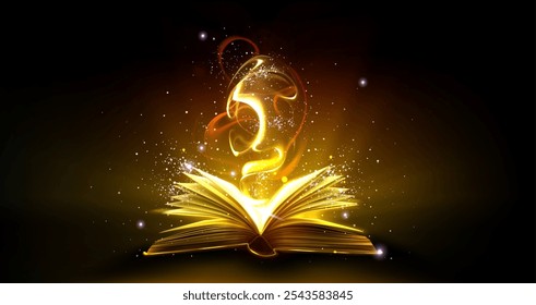 Magic book with golden light and shimmering stars. Open pages with bright glowing streams and mystical sparkles on dark background. 3d vector fantasy storytelling and magical education content.