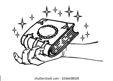 
Magic book in hands. Learning from books. An old spell book. Predicts the future. Hand drawn line vector illustration